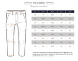 Diagram of Franco Genes Chino - Navy by Blue de Gênes includes a centimeter sizing chart ranging from sizes 28 to 38 for waist, thigh, knee, and hem. Note: Garment-dyed cotton may affect measurements; use the chart as a guideline.