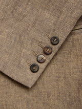 Close-up of a BGcricket Lin Blazer - Grey Mel by Blue de Gênes, highlighting the textured grey melange linen sleeve with four dark brown buttons sewn near the cuff in a row.