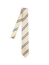The BGponsy Tie - Pale Khaki by Blue de Gênes is a men's silk tie in beige with diagonal navy blue and white stripes, shown on a plain white background.