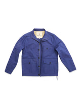 A BGcanopy Jacket - Navy Peony by Blue de Gênes, featuring four front pockets, a collar, and long sleeves, crafted from heavy cotton workwear fabric, displayed flat on a white background.