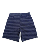 Blue de Gênes BGcupra Toll Shorts in navy stripe feature white vertical pinstripes, a tailored waistband, and two back welt pockets—ideal for a relaxed workwear look. Displayed flat on a white background.