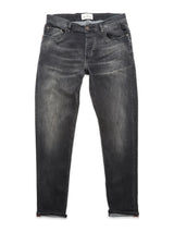 A pair of Vinci G Dark Grey Jeans by Blue de Gênes—grey denim jeans crafted in Italy, featuring a slightly faded, worn look, front and back pockets, rolled-up cuffs, and a regular fit made from comfort stretch denim—are laid flat on a white background.
