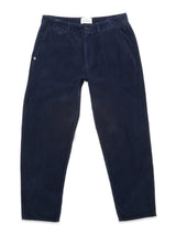 The Blue de Gênes Etsu Cord Chino - Navy features a relaxed regular fit, corduroy fabric, button and zipper closure, belt loops, front pockets, and a small embroidered logo on the left pocket. Shown flat on a white background.