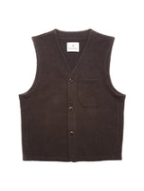 The Blue de Gênes Koi Wool Gilet in Chocolate is a sleeveless, dark brown boiled wool vest with a V-neck, three front buttons, chest and side pockets—ideal for layering and shown on a white background.