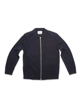 The Nuvali Polo Cardigan - Navy by Blue de Gênes is a men's long-sleeve, zip-up collared cardigan, ideal for layering and shown laid flat on a white background.