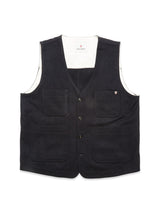 The Maurice Solid Gilet - Dark Navy by Blue de Gênes is a men's Italian wool vest with a V-neck, four front pockets, and three black buttons, shown flat on a white background.