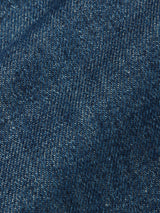 Close-up of the Shogun Fano Pant - Denim Blue by Blue de Gênes, highlighting the heavy cotton blend denim with visible white and blue threads, detailed texture, and diagonal weave pattern.