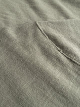 Close-up of Blue de Gênes BGmonty Knit in Shadow Green, highlighting its cotton linen blend fabric with a visible seam, subtle texture, and detailed weave.