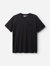 The BGoscar T-Shirt - Jet Black by Blue de Gênes is a classic crewneck tee crafted from 100% cotton, featuring short sleeves and a small left chest pocket, shown against a white background.