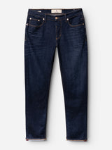 The BGvinci Pala Dark V2 Jeans by Blue de Gênes are regular fit, dark blue comfort stretch denim jeans with orange stitching, five pockets, and a button closure. Crafted in Italy, shown flat on a white background.