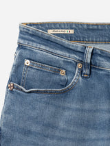 Close-up of Blue de Gênes BGvinci Pala Used V2 Jeans in Denim Blue, highlighting the front and coin pockets, visible stitching, metal rivet, and a Made in Italy label with an Italian flag inside the waistband.