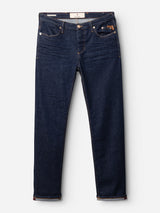 The BGrepi Dai V Dark V2 Jeans by Blue de Gênes are dark blue, regular slim-fit jeans in comfort stretch denim with classic five pockets, copper rivets, button fly, straight leg, and minimal visible wear.