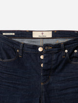 Close-up of the waistband and upper section of Blue de Gênes BGrepi Dai V Dark V2 Jeans in dark blue denim, showing three undone metal buttons, the inside fabric, and the brand label sewn at the waistband.
