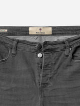 Close-up of the waistband and upper front of the Blue de Gênes BGrepi Giulio Light V2 Jeans in grey denim, featuring belt loops, two buttons, front pockets, and a brand label. Crafted from comfort stretch denim.