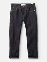 The BGgiacomo Selvedge V2 Jeans - Raw Denim by Blue de Gênes are a pair of dark indigo rigid denim jeans featuring tan stitching, five-pocket styling, and a button fly, laid flat on a white background. Expertly made in Italy for exceptional quality.