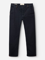 A pair of Blue de Gênes BGpaulo Pavia 1 V2 Chino pants in midnight blue, featuring straight legs, front pockets, belt loops, and orange stitching accents in cotton stretch fabric, laid flat on a white background.