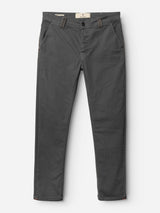 The Blue de Gênes BGpaulo Pavia 1 V2 Chino in charcoal features cotton stretch fabric, front and back pockets, button and zipper closure, and visible stitching details. Pants are displayed flat on a white background.