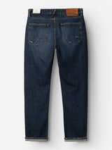 A pair of BGvinci Arrow Jeans - Denim Blue by Blue de Gênes, displayed from the back, featuring two rear pockets, a brown leather waistband patch, and rolled cuffs at the hem. These regular fit jeans are made from comfort stretch denim for all-day ease and style.