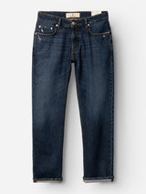 BGvinci Arrow Jeans - Denim Blue by Blue de Gênes, crafted from comfort stretch denim in a dark blue wash. These regular fit jeans feature a classic five-pocket design, copper button detailing, and subtle thigh fading. The jeans are displayed laid flat against a white background.
