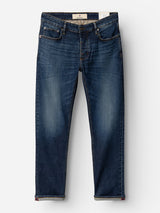The BGvinci Hermina Jeans - Med Used by Blue de Gênes are a pair of dark blue jeans with a classic five-pocket design, button closure, and subtle thigh fading. Crafted from comfort stretch denim, they are displayed laid flat on a white background.