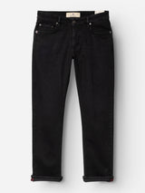 The BGvinci TrueBlack Jeans by Blue de Gênes are a pair of black denim jeans with a straight-leg fit, crafted from comfort stretch fabric and featuring five pockets and visible stitching, laid flat on a white background.