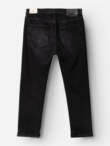 The BGmarco Connor Jeans - Black Denim Used by Blue de Gênes are shown from the back, highlighting two rear pockets, belt loops, and both white and black labels on the waistband. Made from 100% cotton denim, these relaxed fit jeans feature a straight-leg cut and appear against a plain white background.