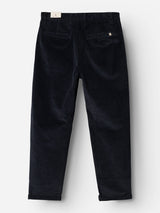 The BGpalco Cord Chino in Navy from Blue de Gênes is displayed from the back, highlighting its two rear pockets and straight-leg silhouette, laid flat against a white background. These relaxed fit corduroy trousers offer a timeless look with everyday comfort.