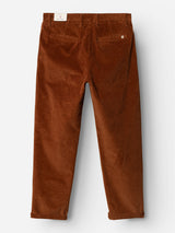 The BGpalco Cord Chino in Ginger Bread Orange by Blue de Gênes is shown from the back, featuring two back pockets, a small stitched Blue de Gênes logo on the right pocket, and a white brand tag on the waistband. These relaxed fit corduroy trousers offer a straight leg cut for timeless style.
