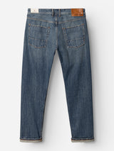 The BGgiacomo Alfie Jeans - Mid Blue Denim by Blue de Gênes are displayed flat against a white background, shown from the back to highlight two rear pockets and a leather brand patch on the waistband. Crafted from comfort stretch denim, these jeans ensure ease of wear all day long.