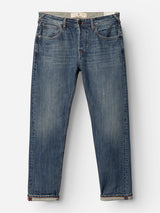The BGgiacomo Alfie Jeans in Mid Blue Denim by Blue de Gênes feature a straight leg cut, front and back pockets, and subtle fading on the thighs and knees. Crafted from comfort stretch denim, these jeans are displayed laid flat on a white background.