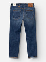 Introducing the BGrepi Callum Jeans – Mid Blue Denim by Blue de Gênes. Shown from the back, these regular slim fit jeans feature two rear pockets, sturdy belt loops, a signature leather patch on the waistband, and subtle faded detailing. Crafted from comfort stretch denim for durability and flexibility, they combine everyday style with lasting comfort.