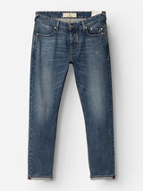 BGrepi Presley Jeans - Denim Blue by Blue de Gênes feature a slim-fit silhouette in blue denim with a subtle faded wash, classic five-pocket design, and visible belt loops. Crafted from comfort stretch denim for all-day ease, these durable jeans are displayed laid flat on a white background.