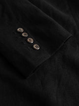 Close-up of the BGleopardi Ian Blazer - Black by Blue de Gênes, focusing on the sleeve with four brown buttons precisely stitched near the cuff. The detailed texture and immaculate stitching of this linen wool blazer emphasize its superior quality and refined design.
