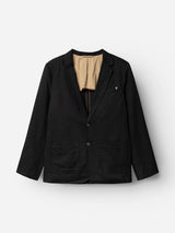 The BGleopardi Ian Blazer by Blue de Gênes in black features a single-breasted design with two front pockets, two buttons, and a beige lining, displayed on a plain white background.