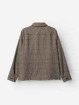 Back view of the Blue de Gênes BGmungo Check Overshirt - Grey Check, a men’s regular fit, long-sleeve wool-blend overshirt featuring a classic check pattern in brown and gray tones, buttoned cuffs, and a folded collar. The garment is displayed against a plain white background.