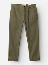 The BGmenzo Rory Chino - Army by Blue de Gênes features an olive green washed herringbone fabric, side pockets, cuffed hems, and a button closure, shown laid flat on a white background.