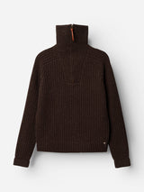 The BGcallum Zip Knit by Blue de Gênes is a hot fudge brown, chunky rib knit sweater featuring a high half-zip closure and long sleeves, showcased against a plain white background.