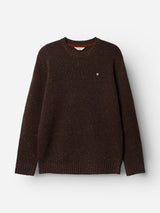 The BGadamo Crewneck Knit by Blue de Gênes, shown in Hot Fudge Brown with a multicoloured nep effect, features ribbed cuffs and hem along with a small white embroidered logo on the left chest, all displayed against a plain white background.