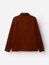 A BGhew Wool Overshirt in Ginger Bread Orange by Blue de Gênes, featuring long sleeves and a collar, is shown from the back against a plain white background.