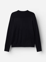 The BGhamish Crewneck Knit in Dark Navy by Blue de Gênes is shown laid flat against a white background, displaying the front side with a classic crewneck neckline and ribbed cuffs and hem.