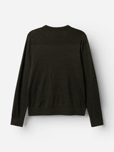 The BGhamish Crewneck Knit in Beech Green by Blue de Gênes is shown laid flat against a white background, presenting the back view with no visible logos or designs. Made from lightweight merino wool knit, it combines comfort with subtle style.