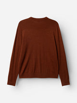 The BGhamish Crewneck Knit by Blue de Gênes in Ginger Bread Orange is displayed flat against a white background, shown from the back with simple cuffs and a waistband. Made from lightweight knit merino wool, this long-sleeve sweater combines comfort with timeless style.