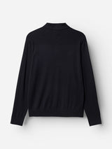 The BGigor Polo Knit in Dark Navy by Blue de Gênes is displayed flat against a white background, shown from the back with a simple collar and ribbed cuffs and hem. Crafted in a fine-gauge knit, this men’s merino wool polo offers timeless style and comfort.