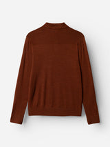 Back view of the Blue de Gênes BGigor Polo Knit in Ginger Bread Orange, a long-sleeved, fine-gauge polo with a collar, shown against a plain white background.