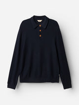 The BGmurry Polo Knit - Dark Navy by Blue de Gênes is a navy blue merino wool sweater with a collar and three brown buttons down the front, featuring a textured knit and shown laid flat on a white background.
