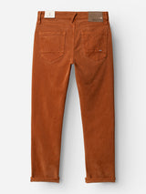 The BGvinci Iro Pant in Ginger Bread Orange by Blue de Gênes is shown from the back, featuring two rear pockets, a small logo tag on the right pocket, and a sewn-on patch on the waistband. Crafted from comfort stretch twill in a regular fit style, the pant legs are rolled at the cuffs.