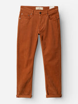 A pair of Blue de Gênes BGvinci Iro Pants in Ginger Bread Orange, featuring a regular fit in comfort stretch twill with straight-leg styling, front and back pockets, and rolled cuffs, is displayed laid flat on a white background.