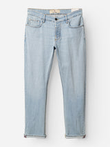 The BGvinci Trueblue Jeans by Blue de Gênes are mid blue, regular fit jeans made from comfort stretch denim with a classic five-pocket design, button closure, and rolled cuffs, shown laid flat on a white background.