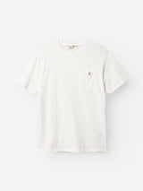 The BGoscar T-Shirt - Snow Fall by Blue de Gênes is a plain white crewneck tee with short sleeves and a small left chest pocket, crafted from 100% cotton and shown against a light background.