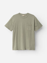 The BGoscar T-Shirt by Blue de Gênes in Shadow Green is a regular fit, 100% cotton tee with short sleeves, crew neck, and a small chest pocket, shown against a plain white background.